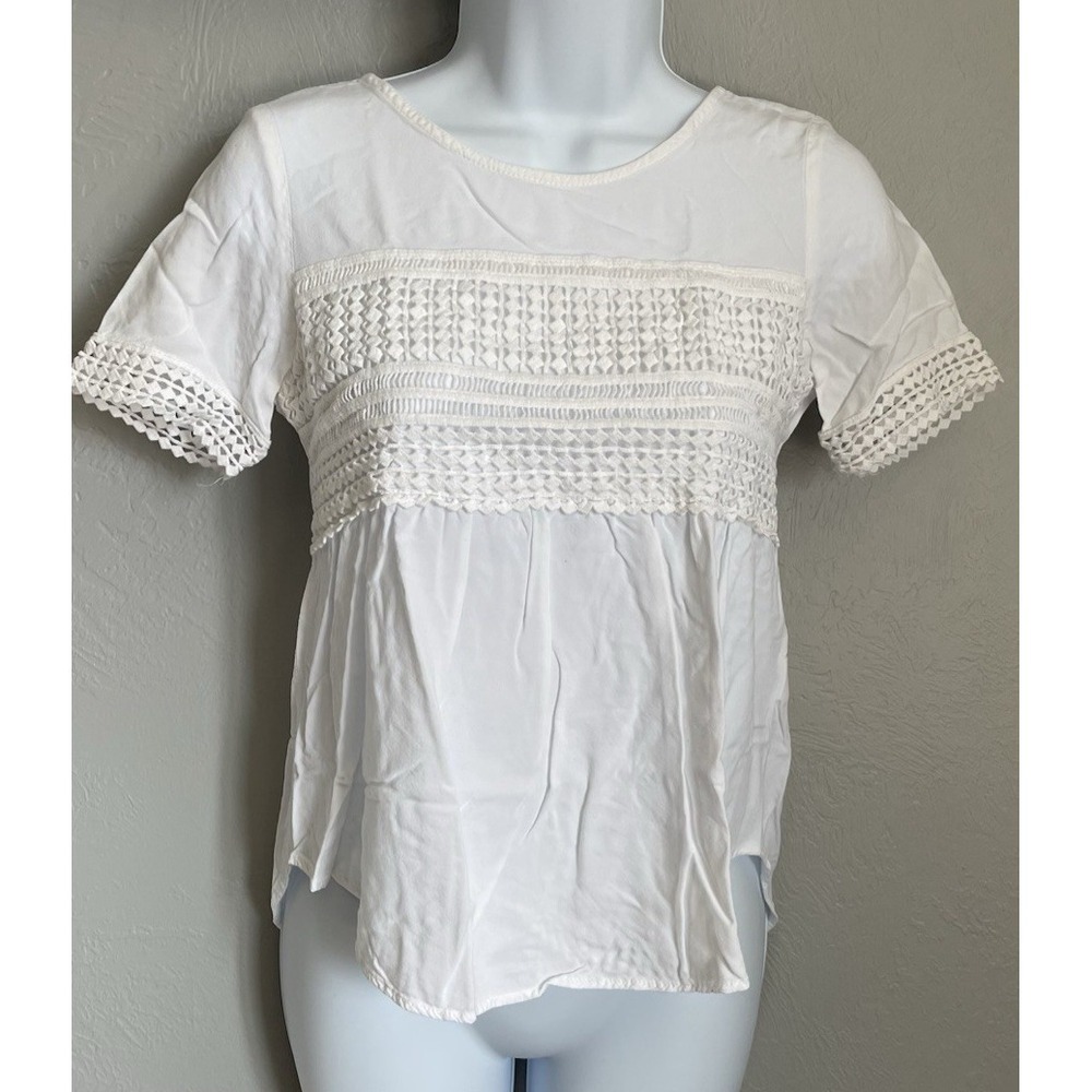 Emberley Top Blouse Womens Juniors Size XS White Baby Doll Boho Short Sleeves